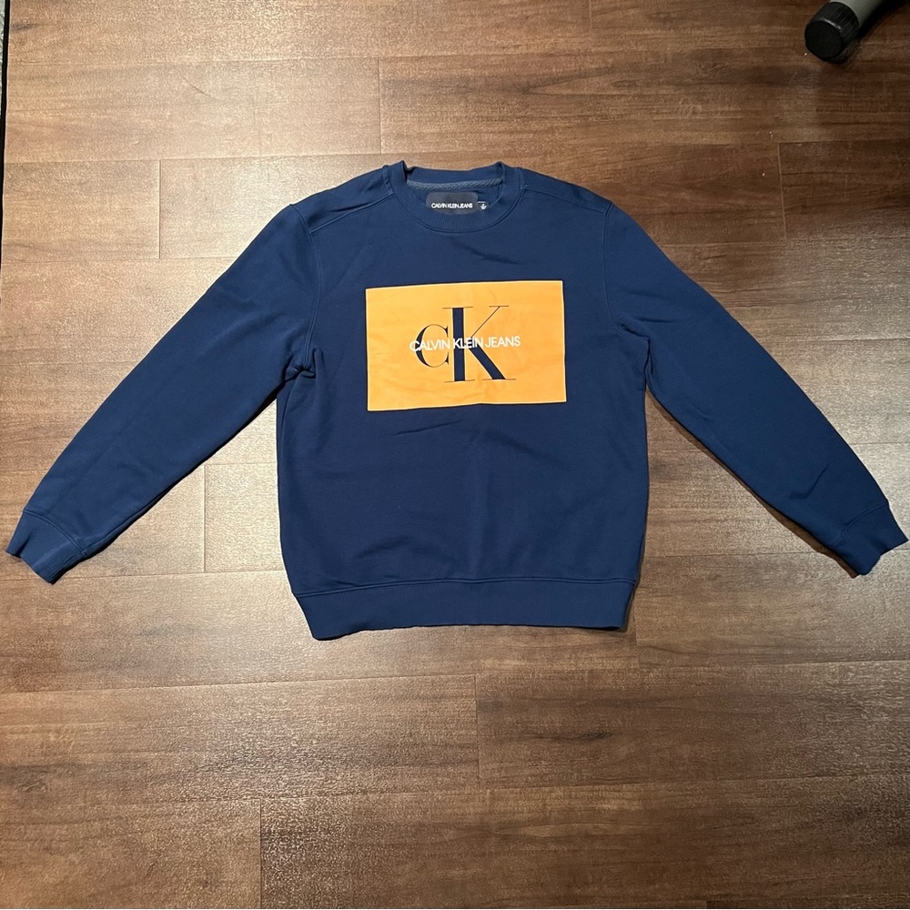 Calvin Klein Blue Sweatshirt Orange Logo | Medium